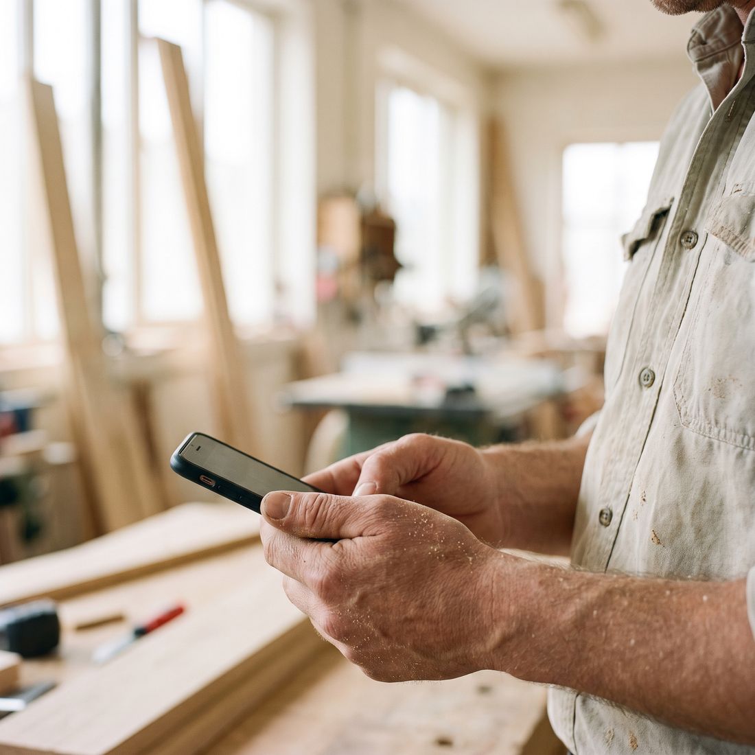 Hände eines Handwerkers mit Smartphone in der Werkstatt